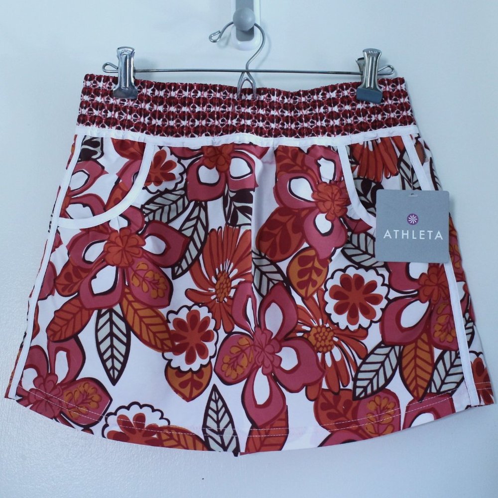 ATHLETA RED FLORAL TROPICAL PRINT, ELASTIC WAIST, BACK POCKET, SIZE XXS